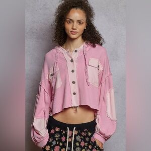 POL Pink Button-Up Cropped Hoodie